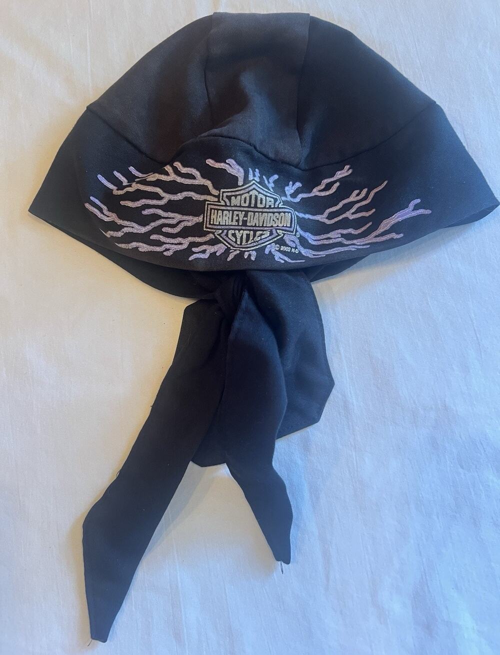 Vintage 2002 Harley-Davidson Do Rag Black Purple Flames Skull Cap Biker